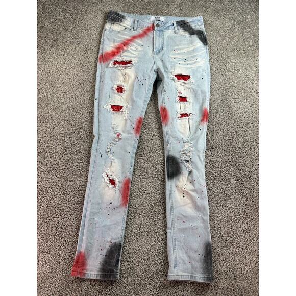 DNA Jeans Mens 36 Blue Spray Paint Glitter Skinny Fit Distressed Skater Denim - Picture 1 of 14